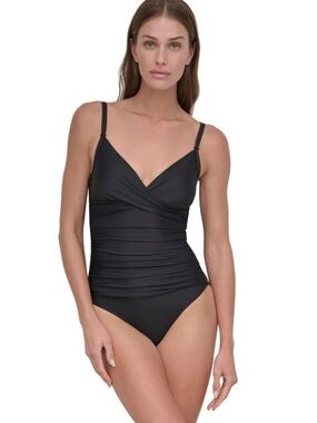 DKNY Women's Surplice Ruched Spaghetti Strap One Piece Swimsuit Tummy Control XL